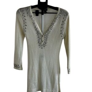 Y2K Wet Seal Cream Embellished V-Neck Knit Tunic Top woman’s SZ M